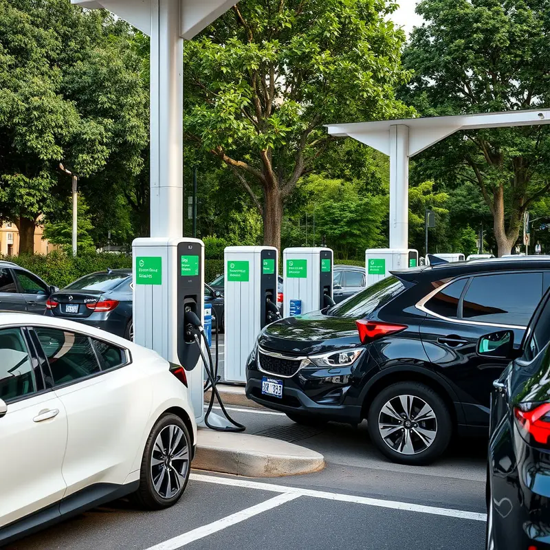 Comprehensive view of an urban landscape equipped with numerous electric vehicle charging stations.