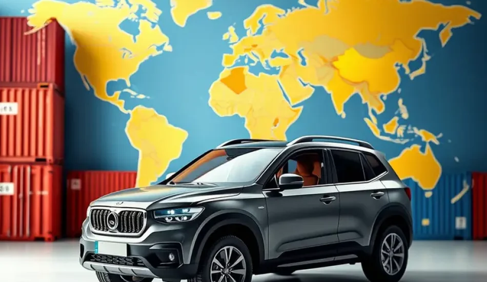 An image showing a new car being processed for importation by customs officials.