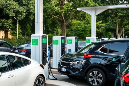 Comprehensive view of an urban landscape equipped with numerous electric vehicle charging stations.