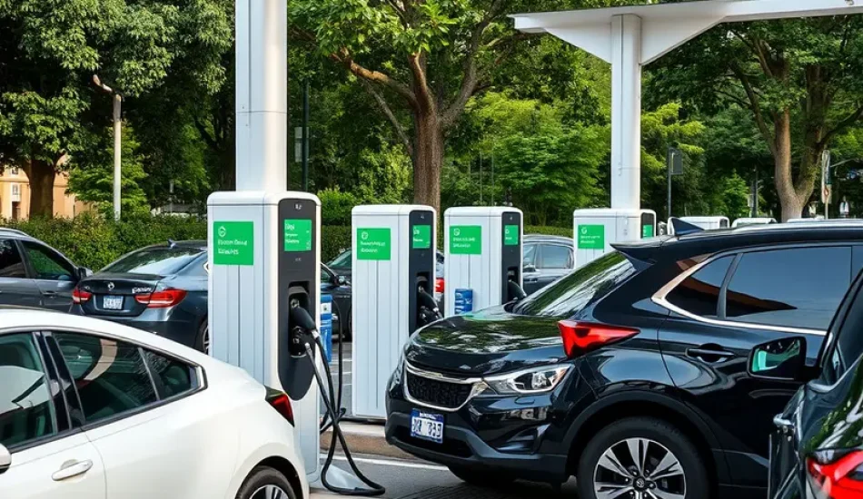 Comprehensive view of an urban landscape equipped with numerous electric vehicle charging stations.